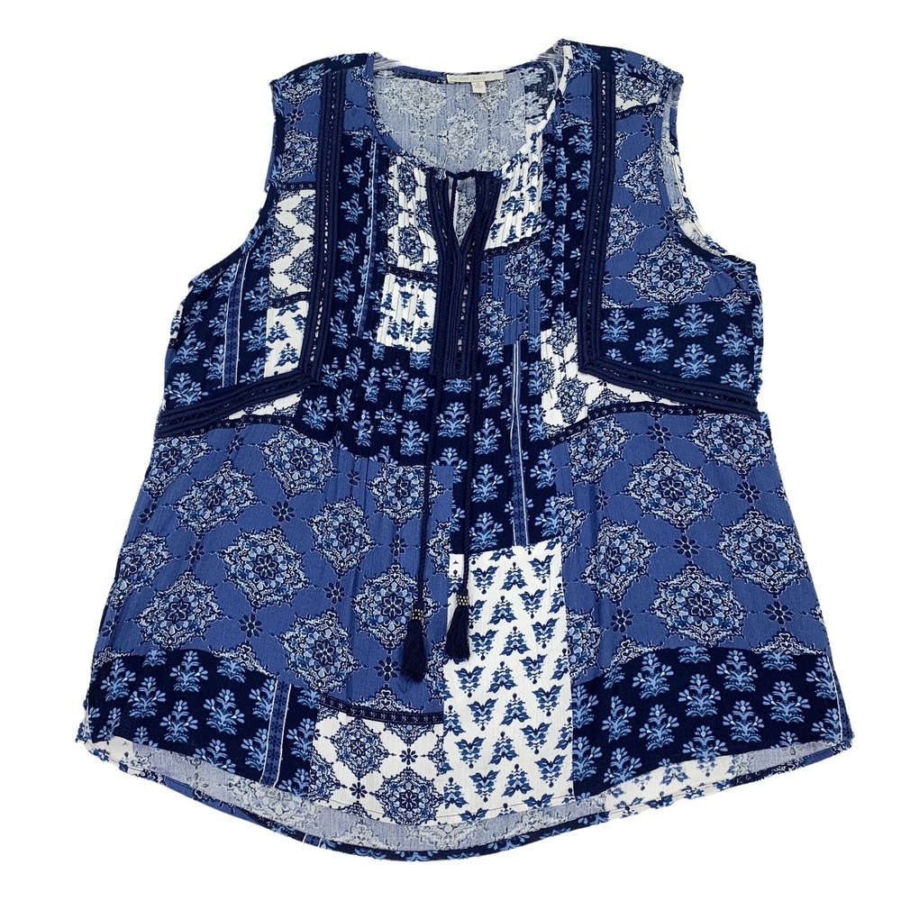 Pale Sky NWT Tunic Babydoll Top Blue Patchwork Sleeveless Sz M  Beaded Tassels